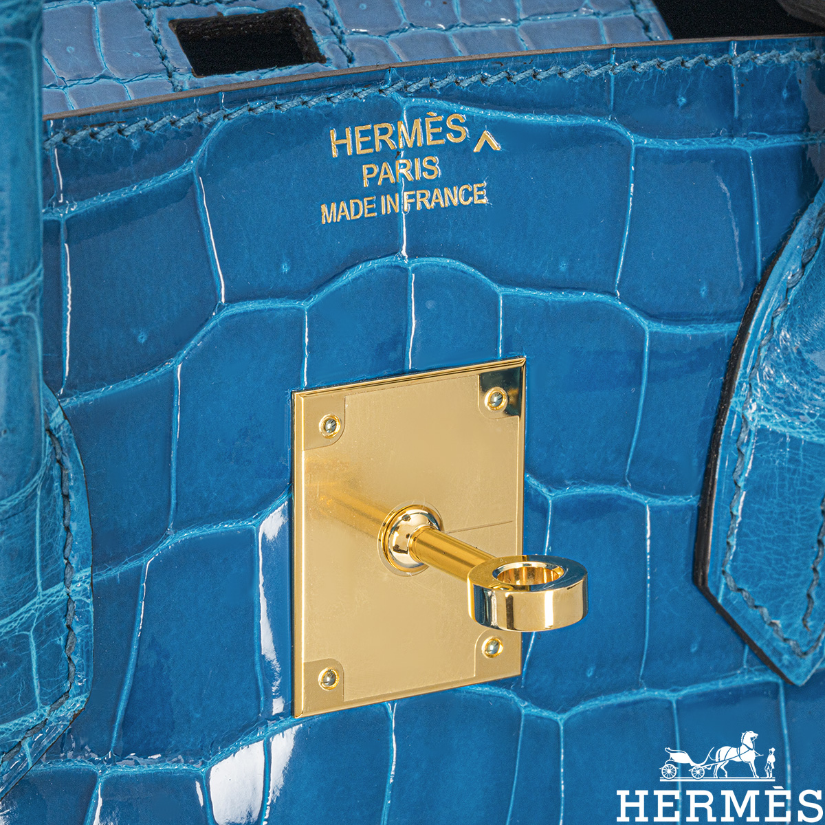 Stock Hermes 7W Blue Izmir Shiny Crocodile Constance Bag24cm Gold